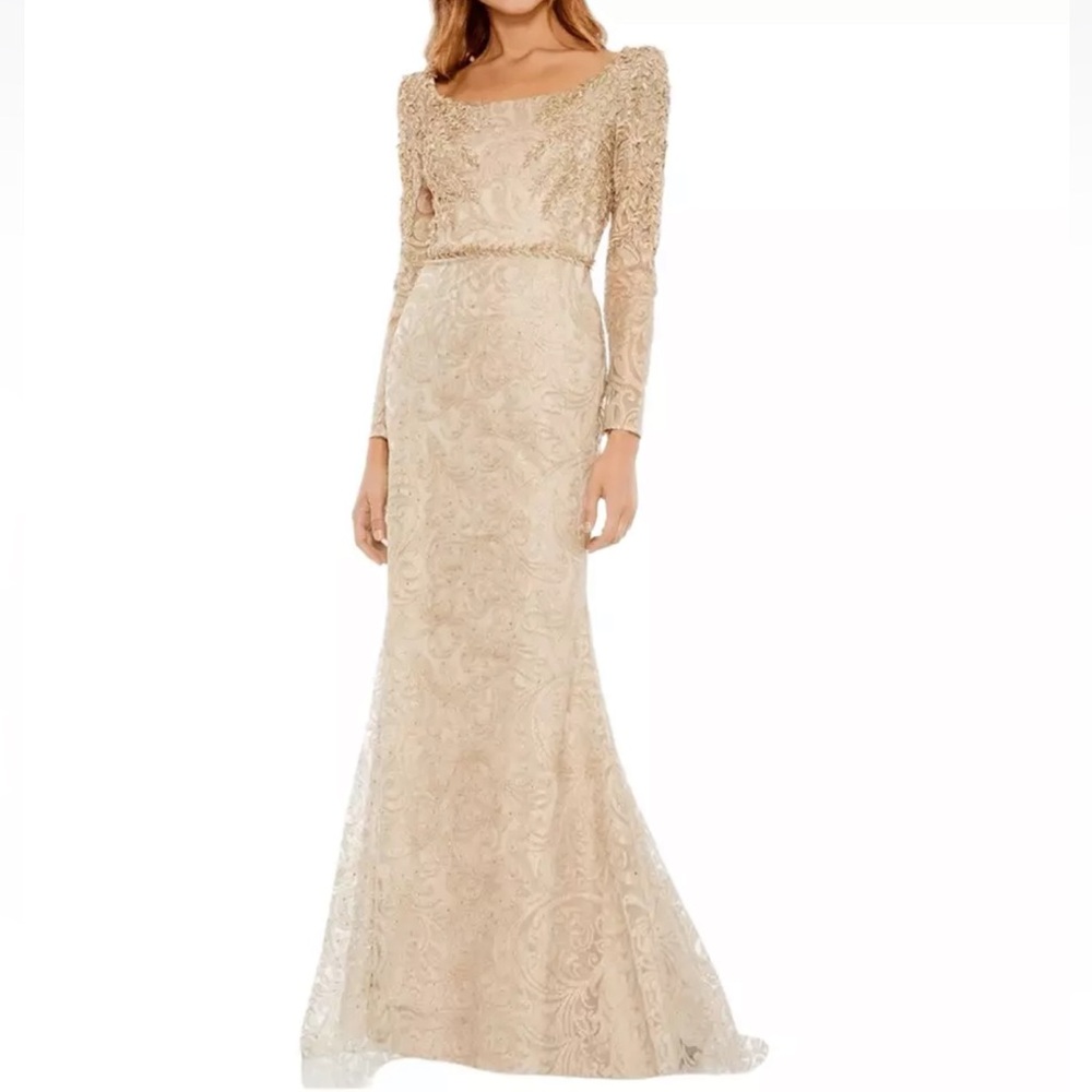 MAC DUGGAL Golden Ling Sleeves Goddess Crystal Lace Trumpet Gown - Reemoly